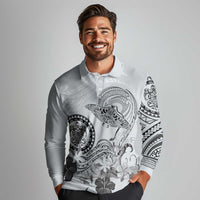 Polynesian Manta Ray Long Sleeve Polo Shirt Gray Floral Turtle Tattoo LT9 - Polynesian Pride