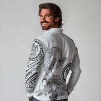 Polynesian Manta Ray Long Sleeve Polo Shirt Gray Floral Turtle Tattoo LT9 - Polynesian Pride