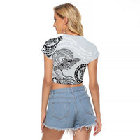 Polynesian Manta Ray Raglan Cropped T Shirt Gray Floral Turtle Tattoo LT9 - Polynesian Pride