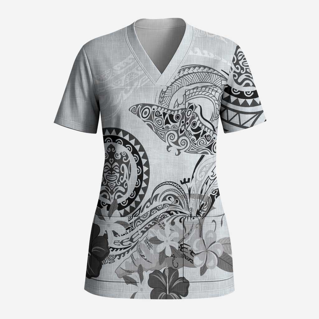 Polynesian Manta Ray Scrub Top Gray Floral Turtle Tattoo LT9 Adult Gray - Polynesian Pride