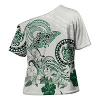Polynesian Manta Ray Cross Shoulder Shirt Green Floral Turtle Tattoo LT9 - Polynesian Pride