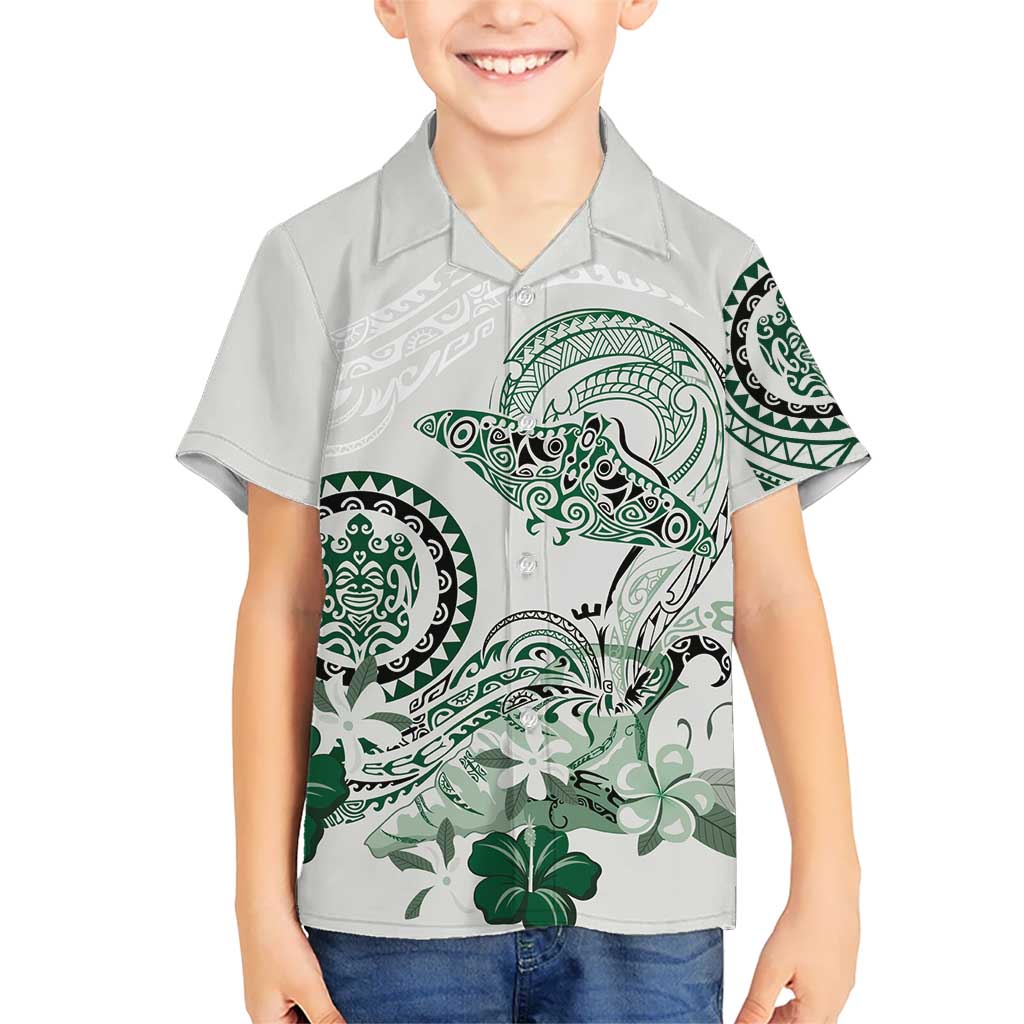 Polynesian Manta Ray Kid Hawaiian Shirt Green Floral Turtle Tattoo LT9 Kid Green - Polynesian Pride