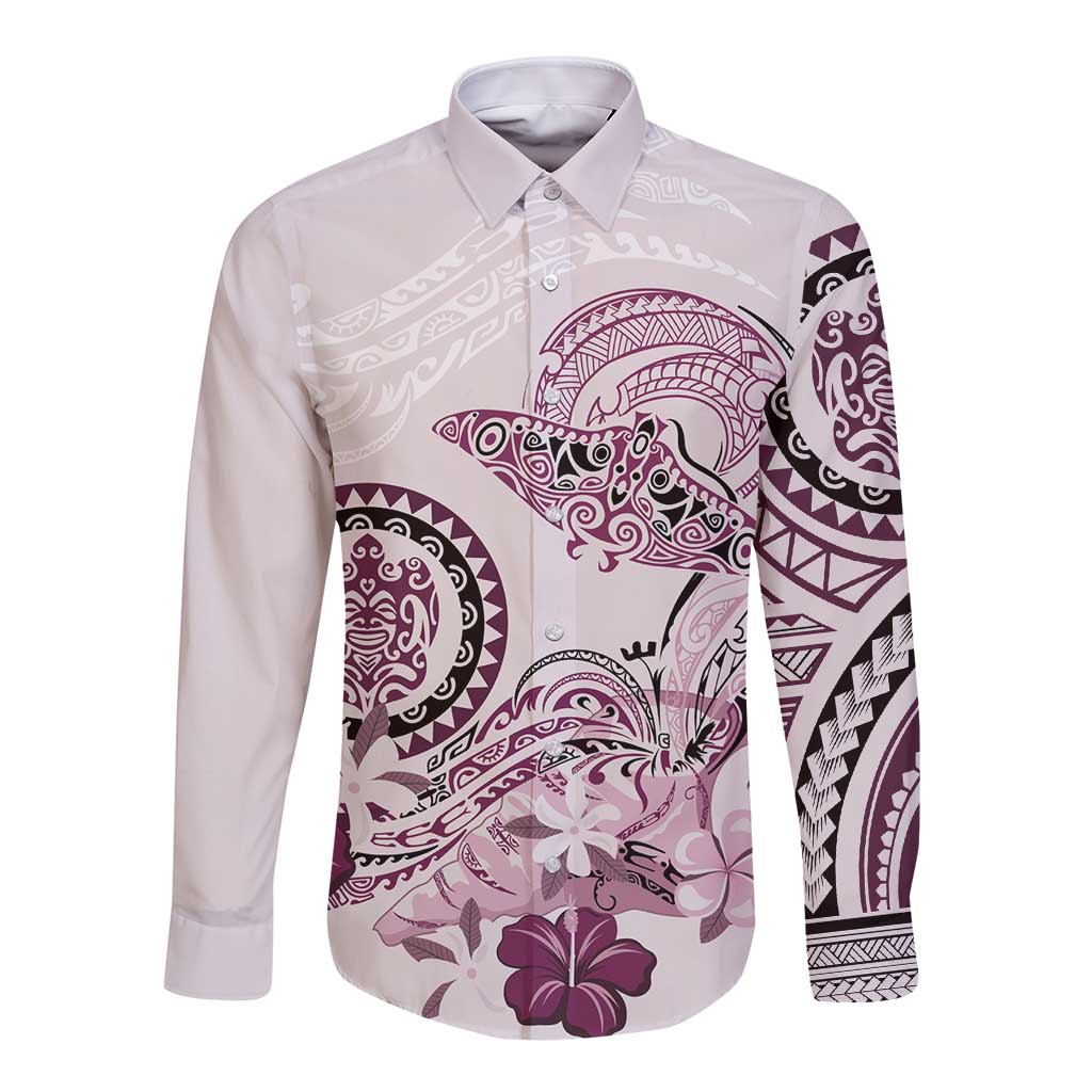 Polynesian Manta Ray Long Sleeve Button Shirt Pink Floral Turtle Tattoo LT9 Unisex Pink - Polynesian Pride
