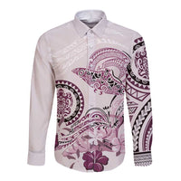 Polynesian Manta Ray Long Sleeve Button Shirt Pink Floral Turtle Tattoo LT9 Unisex Pink - Polynesian Pride