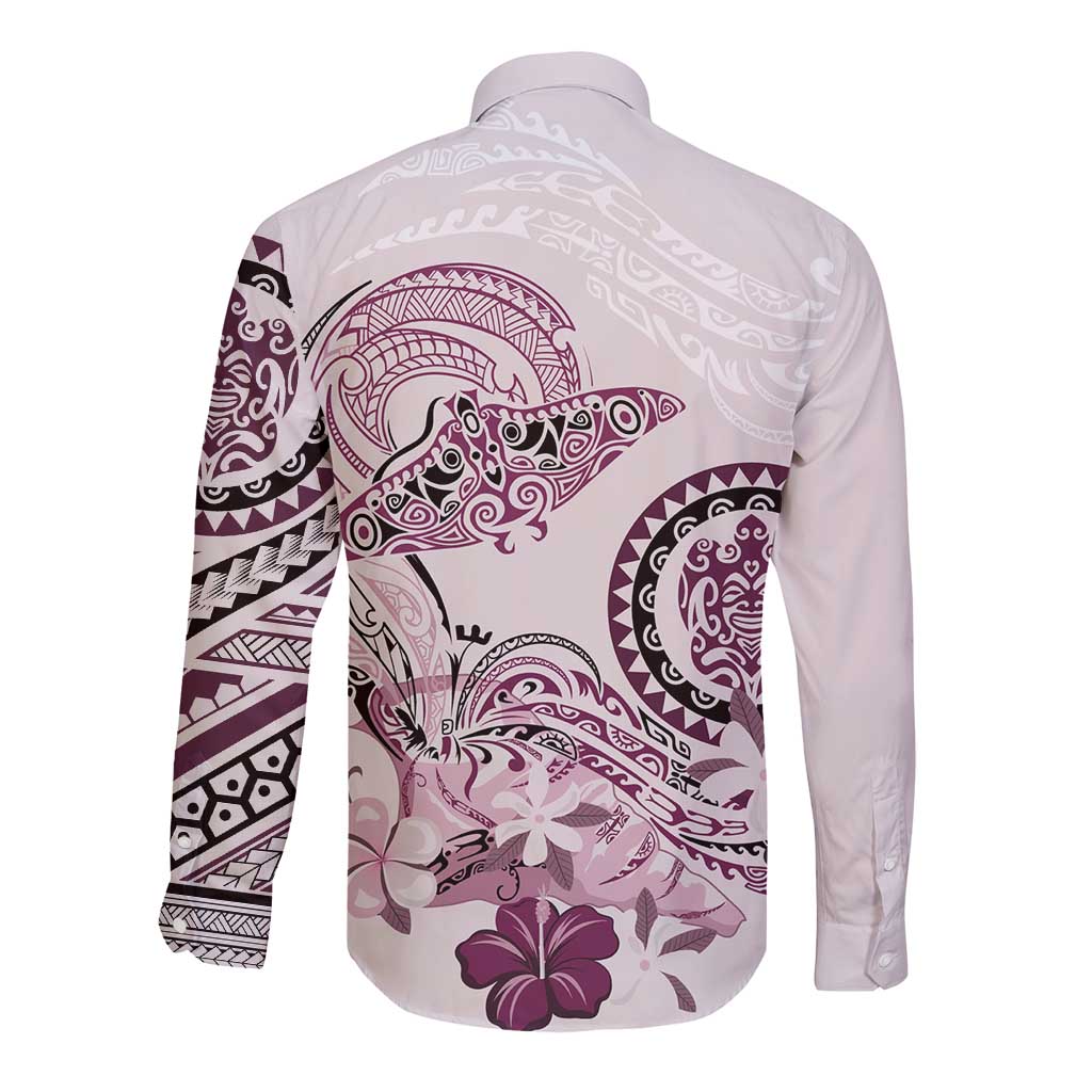 Polynesian Manta Ray Long Sleeve Button Shirt Pink Floral Turtle Tattoo LT9 - Polynesian Pride