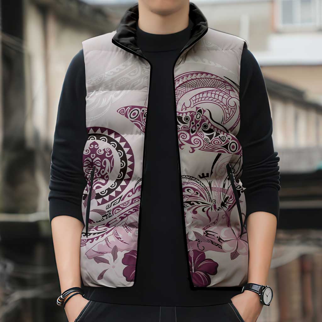 Polynesian Manta Ray Sleeveless Puffer Jacket Pink Floral Turtle Tattoo LT9 - Polynesian Pride