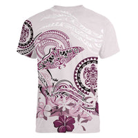 Polynesian Manta Ray Women V-Neck T-Shirt Pink Floral Turtle Tattoo LT9 - Polynesian Pride