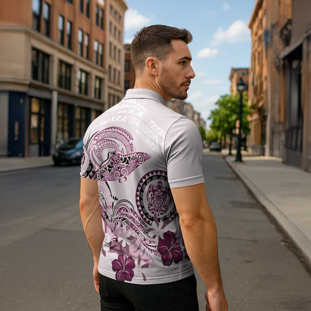 Polynesian Manta Ray Zipper Polo Shirt Pink Floral Turtle Tattoo LT9 - Polynesian Pride