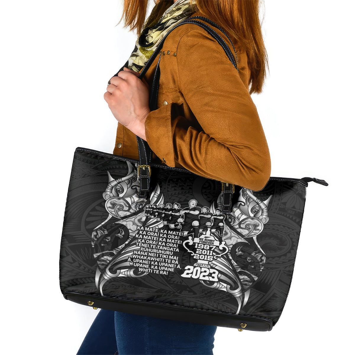 New Zealand Rugby Leather Tote Bag Black Haka Dance With NZ Champions History LT9 Black - Polynesian Pride