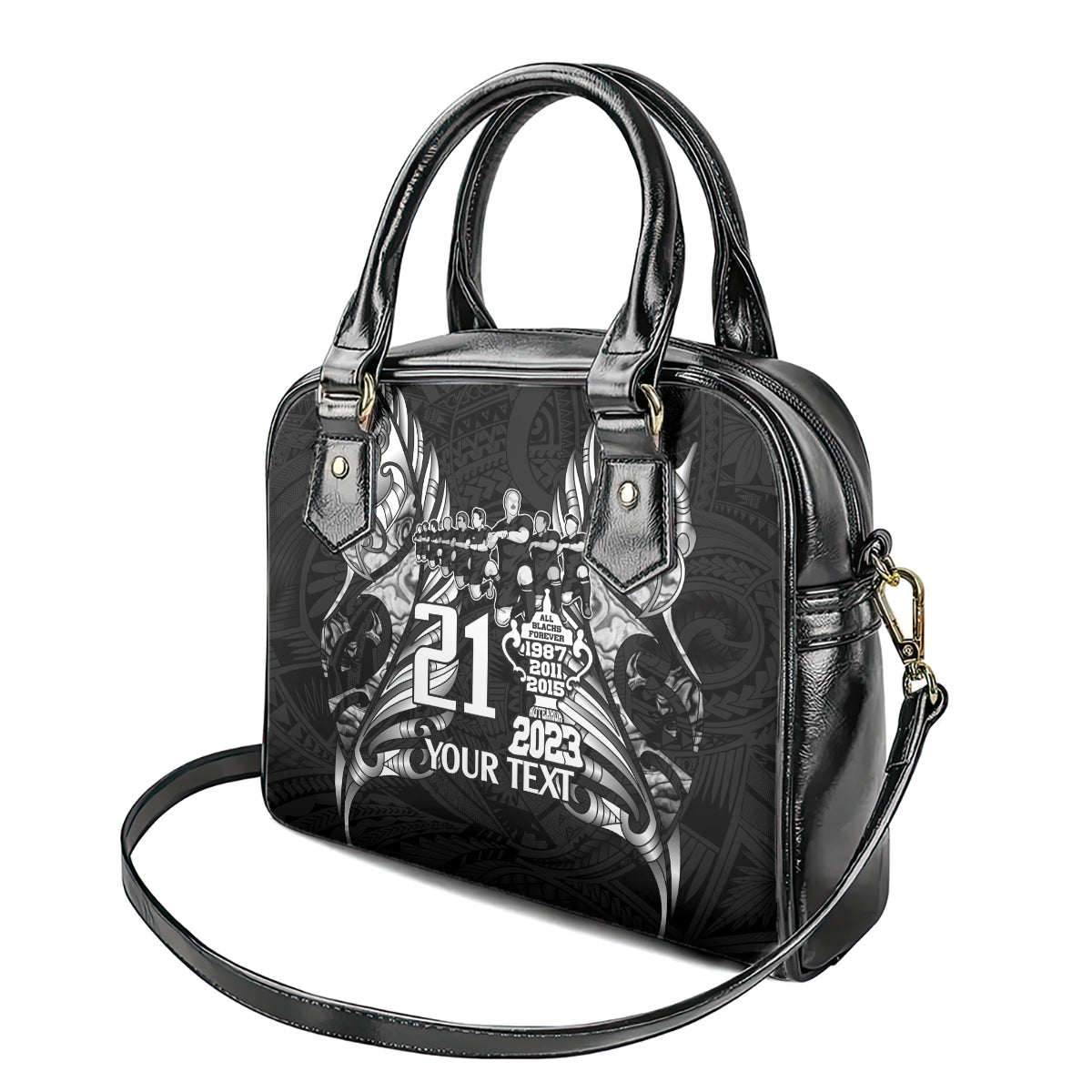 Custom New Zealand Rugby Shoulder Handbag Black Haka Dance With NZ Champions History LT9 - Polynesian Pride