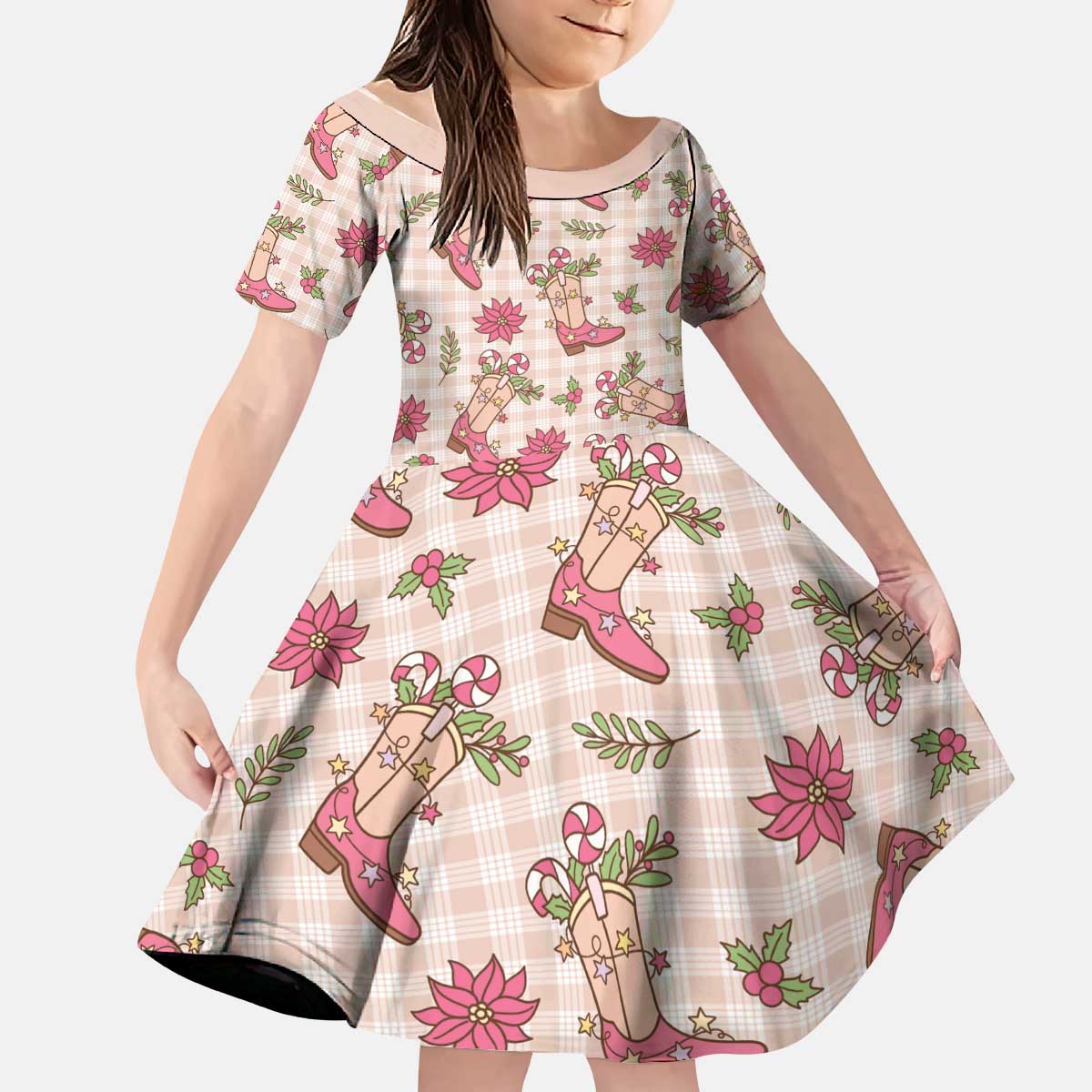Beige Paniolo Palaka Hawaiian Cowgirl Christmas Kid Short Sleeve Dress LT9 KID Beige - Polynesian Pride