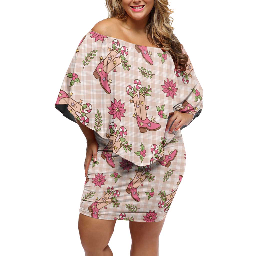 Beige Paniolo Palaka Hawaiian Cowgirl Christmas Off Shoulder Short Dress LT9 Women Beige - Polynesian Pride