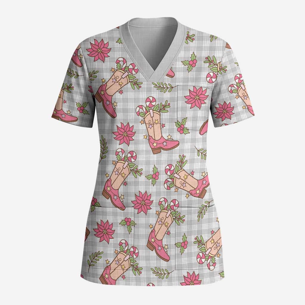 Gray Paniolo Palaka Hawaiian Cowgirl Christmas Scrub Top LT9 Adult Gray - Polynesian Pride