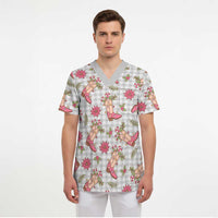 Gray Paniolo Palaka Hawaiian Cowgirl Christmas Scrub Top LT9 - Polynesian Pride