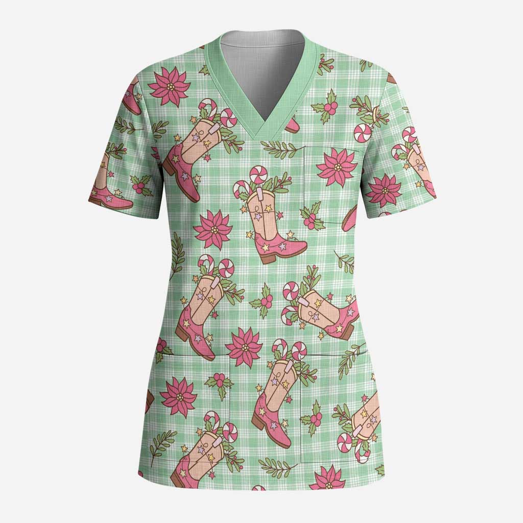 Green Paniolo Palaka Hawaiian Cowgirl Christmas Scrub Top LT9 Adult Green - Polynesian Pride