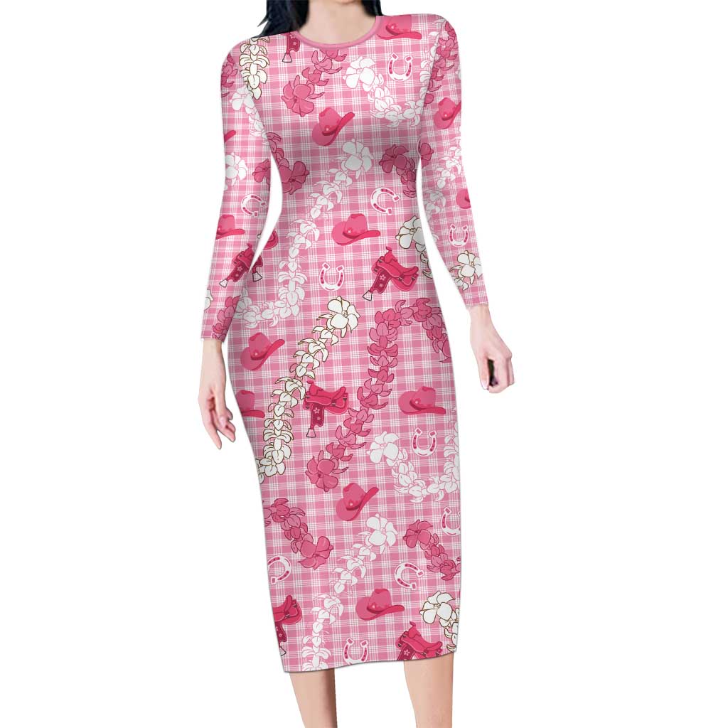 Paniolo Palaka Hawaiian Cowgirl Long Sleeve Bodycon Dress LT9 Long Dress Pink - Polynesian Pride