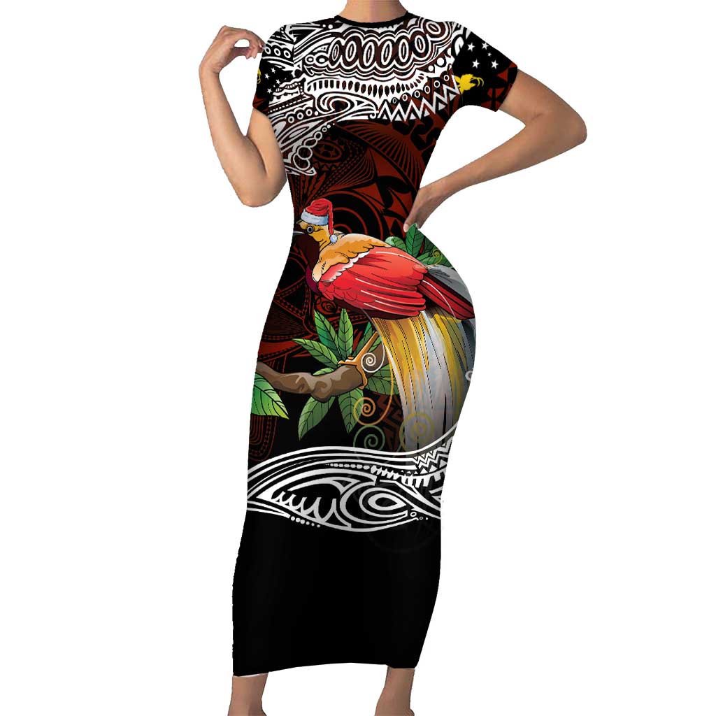 Papua New Guinea Christmas Short Sleeve Bodycon Dress LT9 Long Dress Black - Polynesian Pride