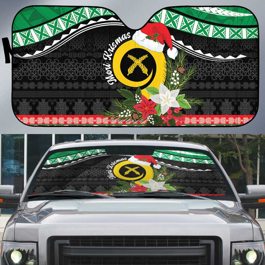 Vanuatu Pig's Tusk Meri Krismas! Auto Sun Shade Vanuatuan Sand Drawing Pattern LT9 Green - Polynesian Pride