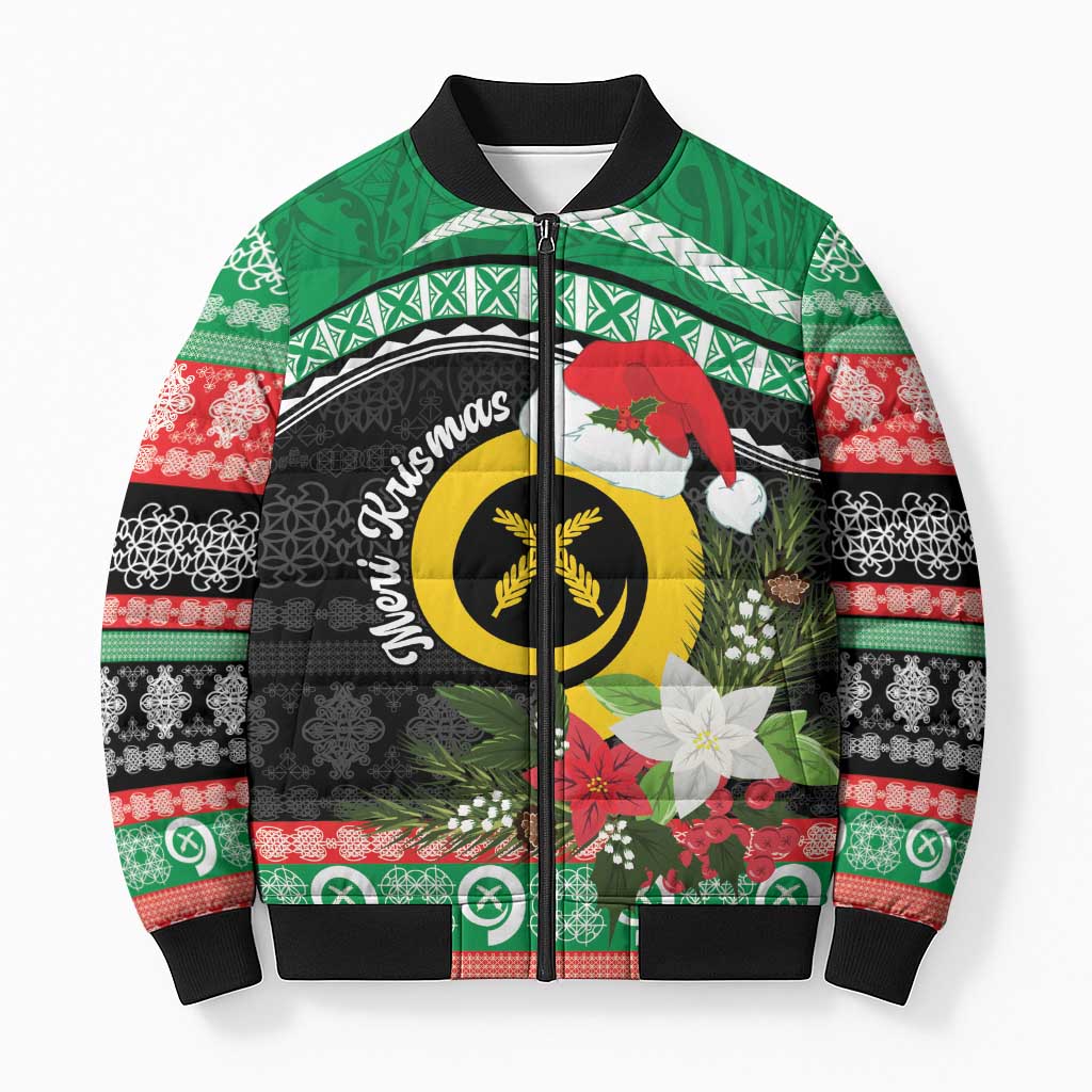 Vanuatu Pig's Tusk Meri Krismas! Bomber Puffer Jacket Vanuatuan Sand Drawing Pattern LT9 Unisex Green - Polynesian Pride