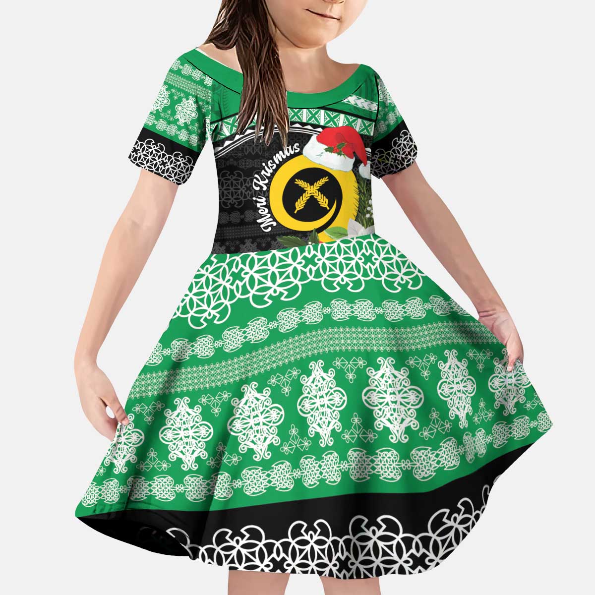 Vanuatu Pig's Tusk Meri Krismas! Kid Short Sleeve Dress Vanuatuan Sand Drawing Pattern LT9 KID Green - Polynesian Pride