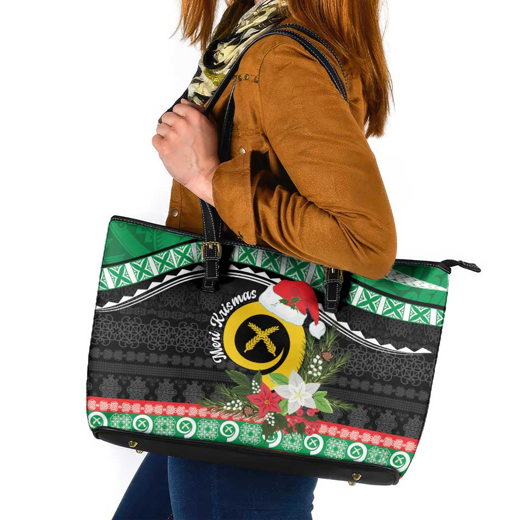 Vanuatu Pig's Tusk Meri Krismas! Leather Tote Bag Vanuatuan Sand Drawing Pattern LT9 Green - Polynesian Pride