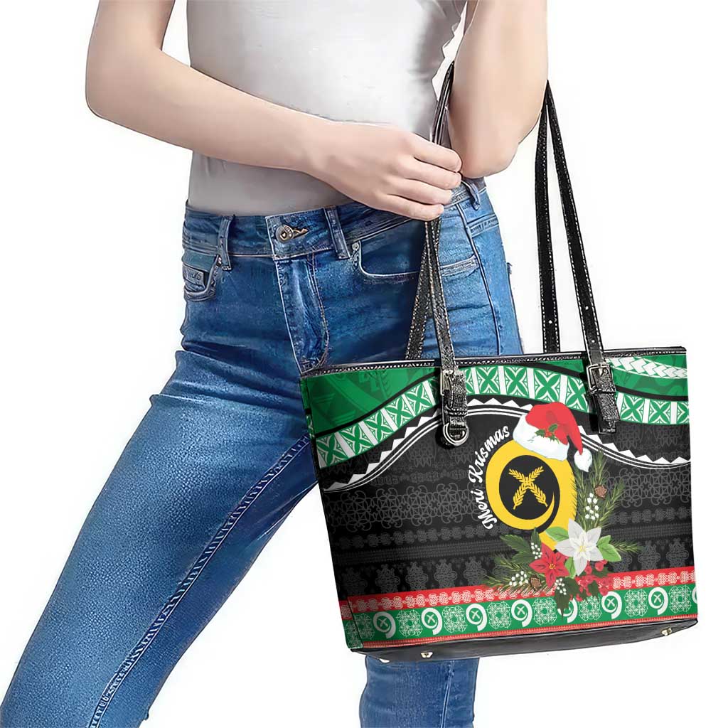 Vanuatu Pig's Tusk Meri Krismas! Leather Tote Bag Vanuatuan Sand Drawing Pattern LT9 - Polynesian Pride