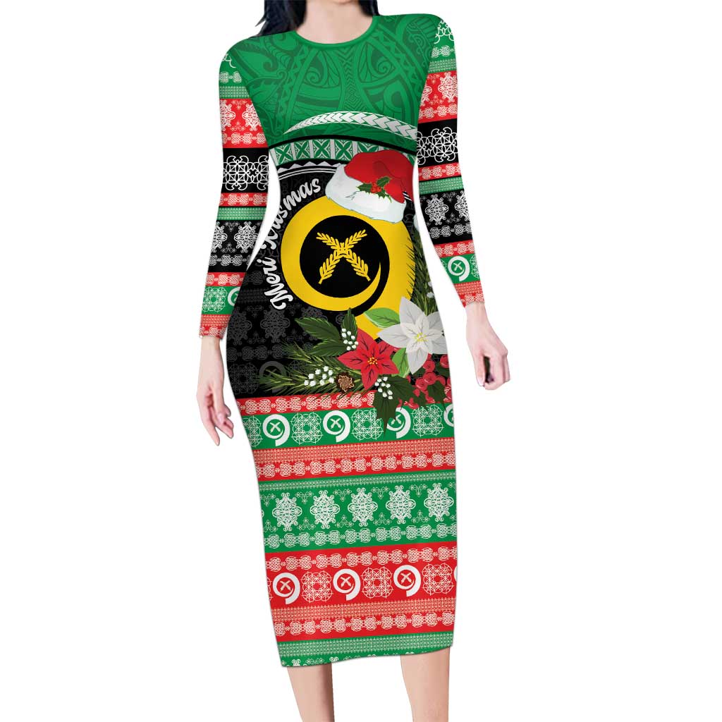Vanuatu Pig's Tusk Meri Krismas! Long Sleeve Bodycon Dress Vanuatuan Sand Drawing Pattern LT9 Long Dress Green - Polynesian Pride