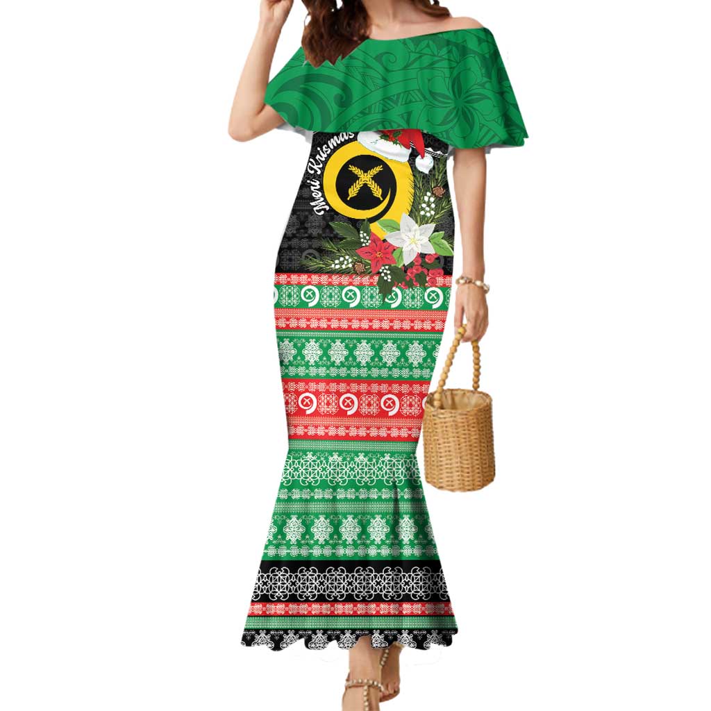 Vanuatu Pig's Tusk Meri Krismas! Mermaid Dress Vanuatuan Sand Drawing Pattern LT9 Women Green - Polynesian Pride