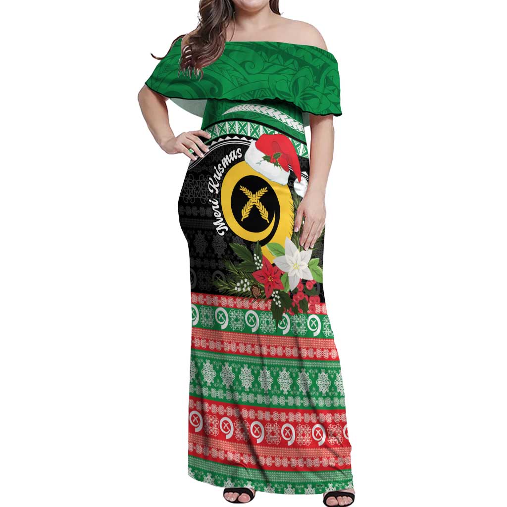 Vanuatu Pig's Tusk Meri Krismas! Off Shoulder Maxi Dress Vanuatuan Sand Drawing Pattern LT9 Women Green - Polynesian Pride