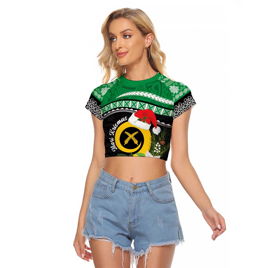 Vanuatu Pig's Tusk Meri Krismas! Raglan Cropped T Shirt Vanuatuan Sand Drawing Pattern LT9 Female Green - Polynesian Pride