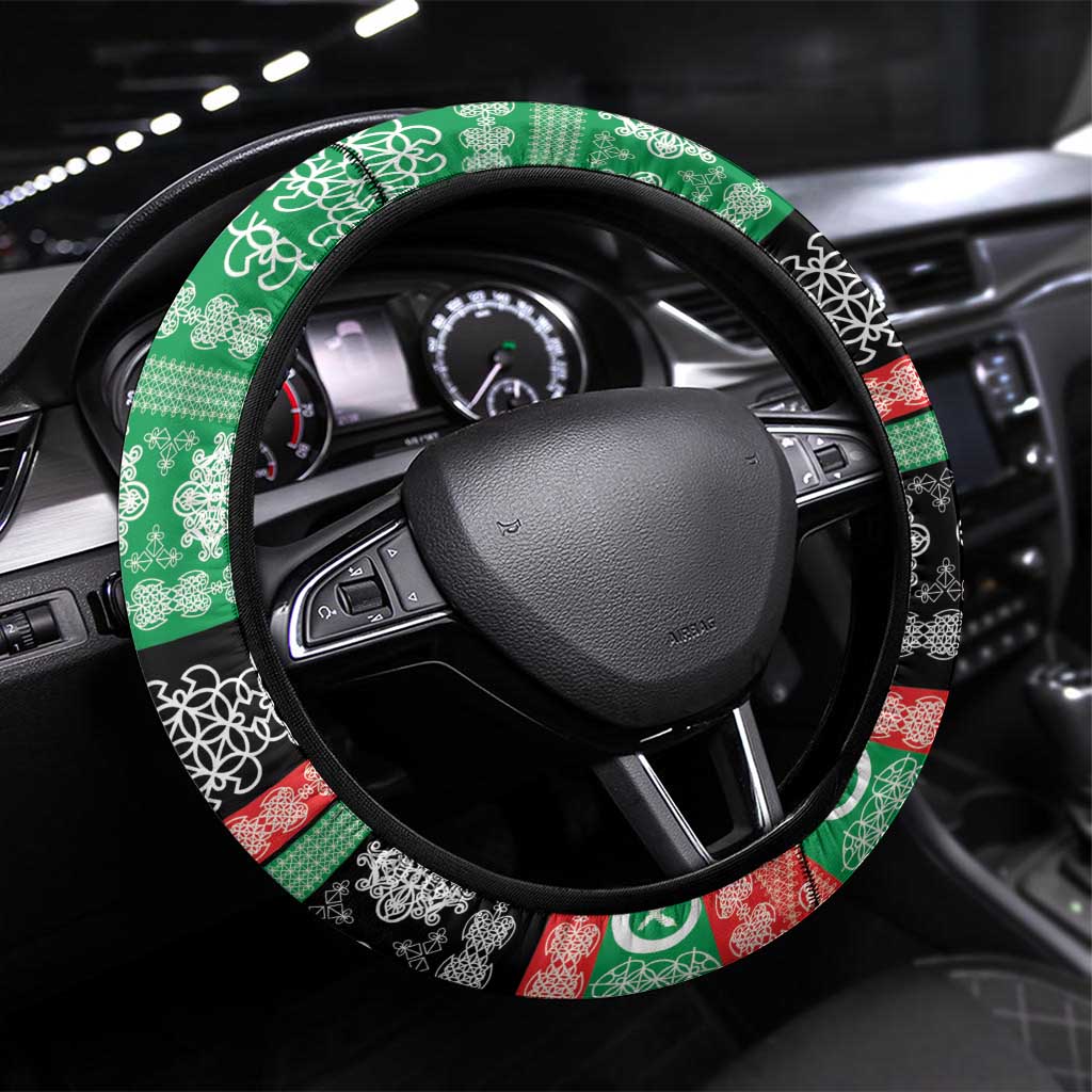 Vanuatu Pig's Tusk Meri Krismas! Steering Wheel Cover Vanuatuan Sand Drawing Pattern LT9 Universal Fit Green - Polynesian Pride