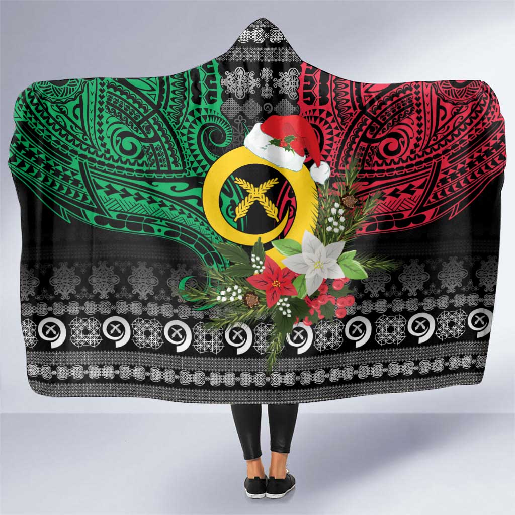 Vanuatu Pig's Tusk Meri Krismas! Hooded Blanket Vanuatuan Ancient Art Spirit LT9 One Size Black - Polynesian Pride