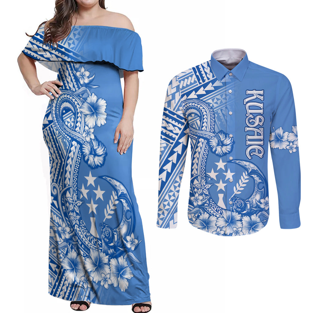 Kosrae Constitution Day Personalised Couples Matching Off Shoulder Maxi Dress and Long Sleeve Button Shirt Kusaie Hook Tattoo Special Polynesian Pattern LT9 Blue - Polynesian Pride