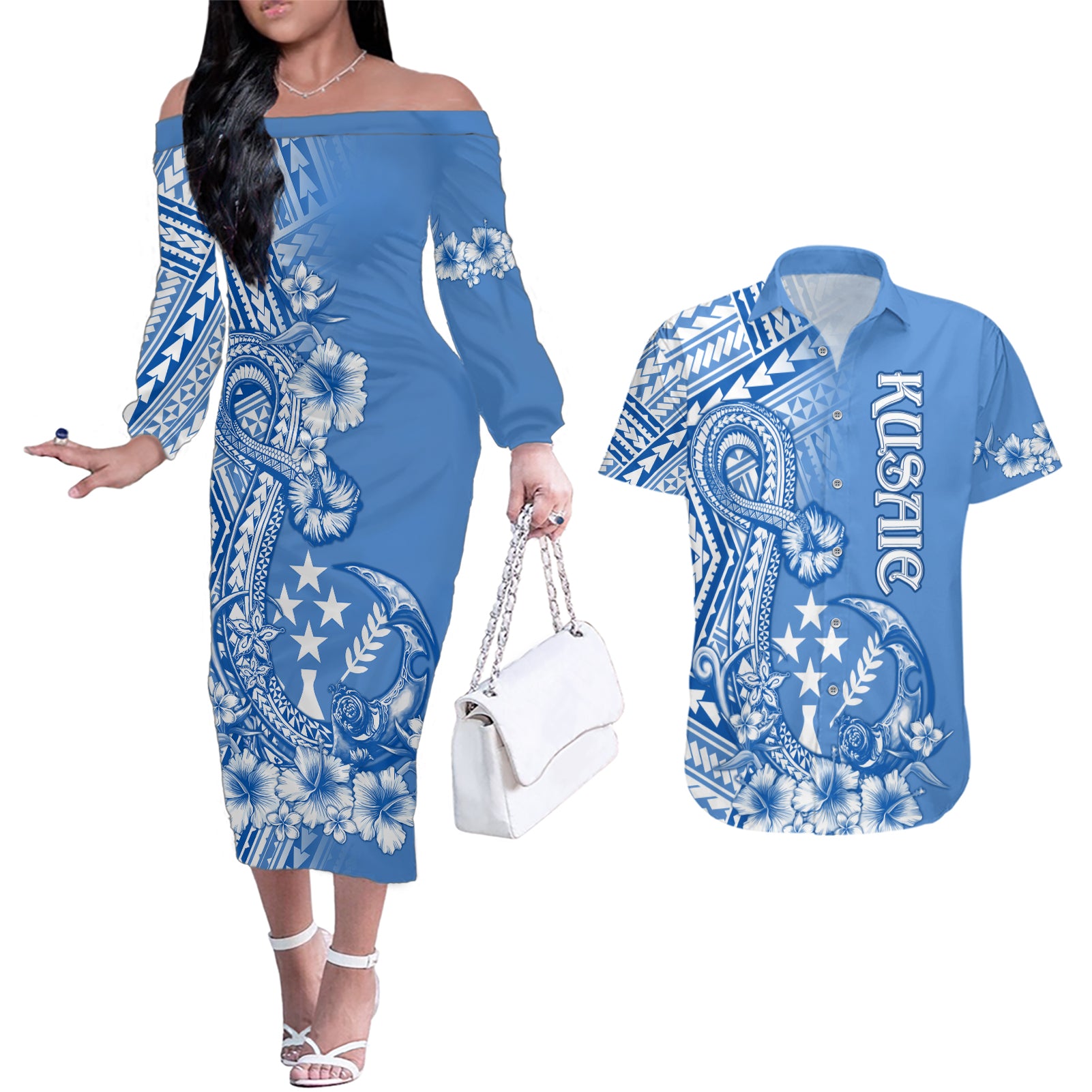 Kosrae Constitution Day Personalised Couples Matching Off The Shoulder Long Sleeve Dress and Hawaiian Shirt Kusaie Hook Tattoo Special Polynesian Pattern LT9 Blue - Polynesian Pride