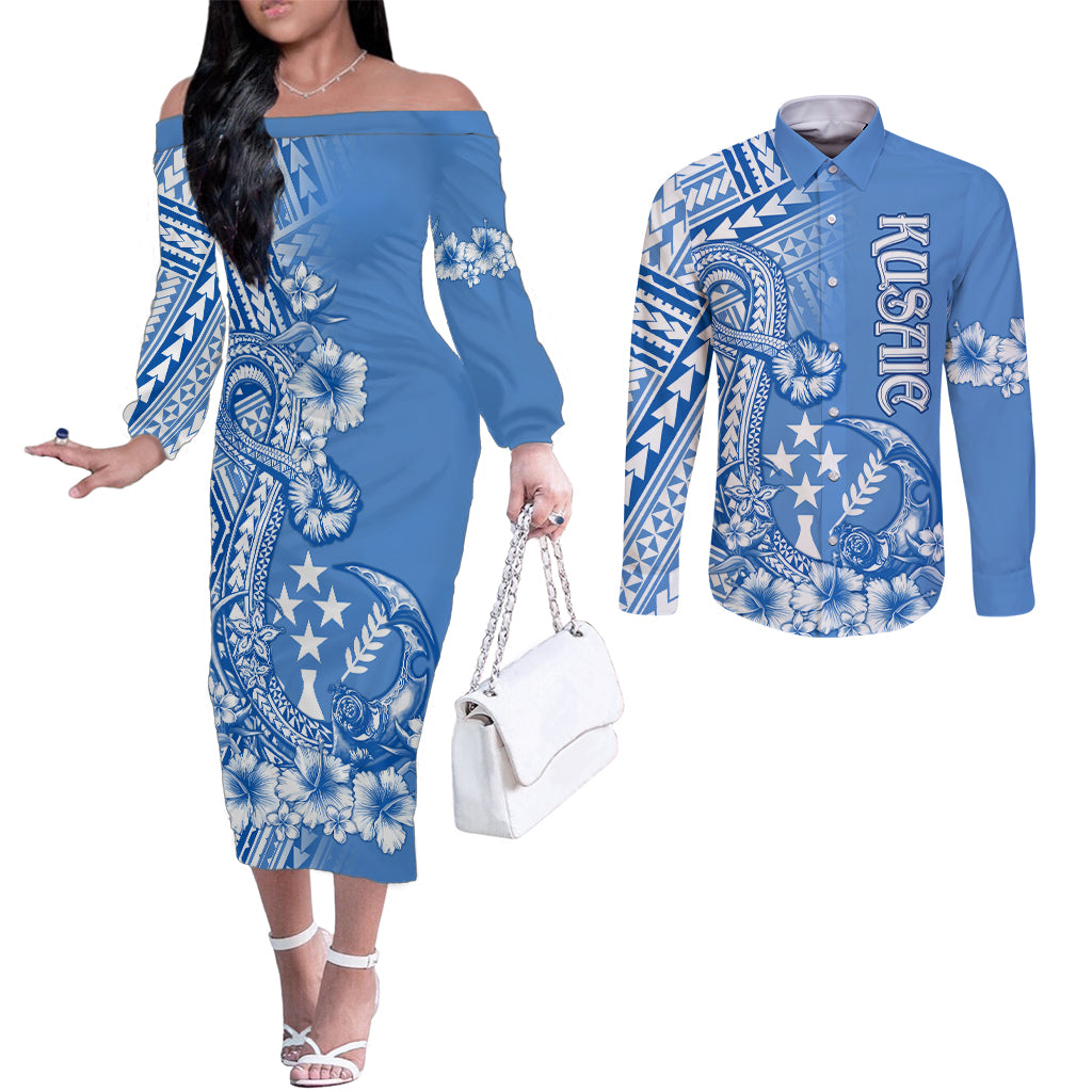 Kosrae Constitution Day Personalised Couples Matching Off The Shoulder Long Sleeve Dress and Long Sleeve Button Shirt Kusaie Hook Tattoo Special Polynesian Pattern LT9 Blue - Polynesian Pride