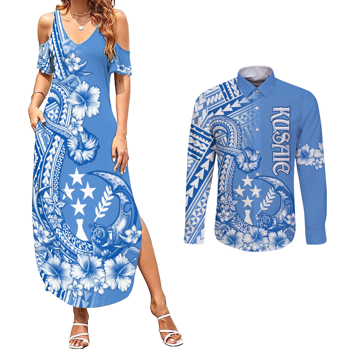 Kosrae Constitution Day Personalised Couples Matching Summer Maxi Dress and Long Sleeve Button Shirt Kusaie Hook Tattoo Special Polynesian Pattern LT9 Blue - Polynesian Pride