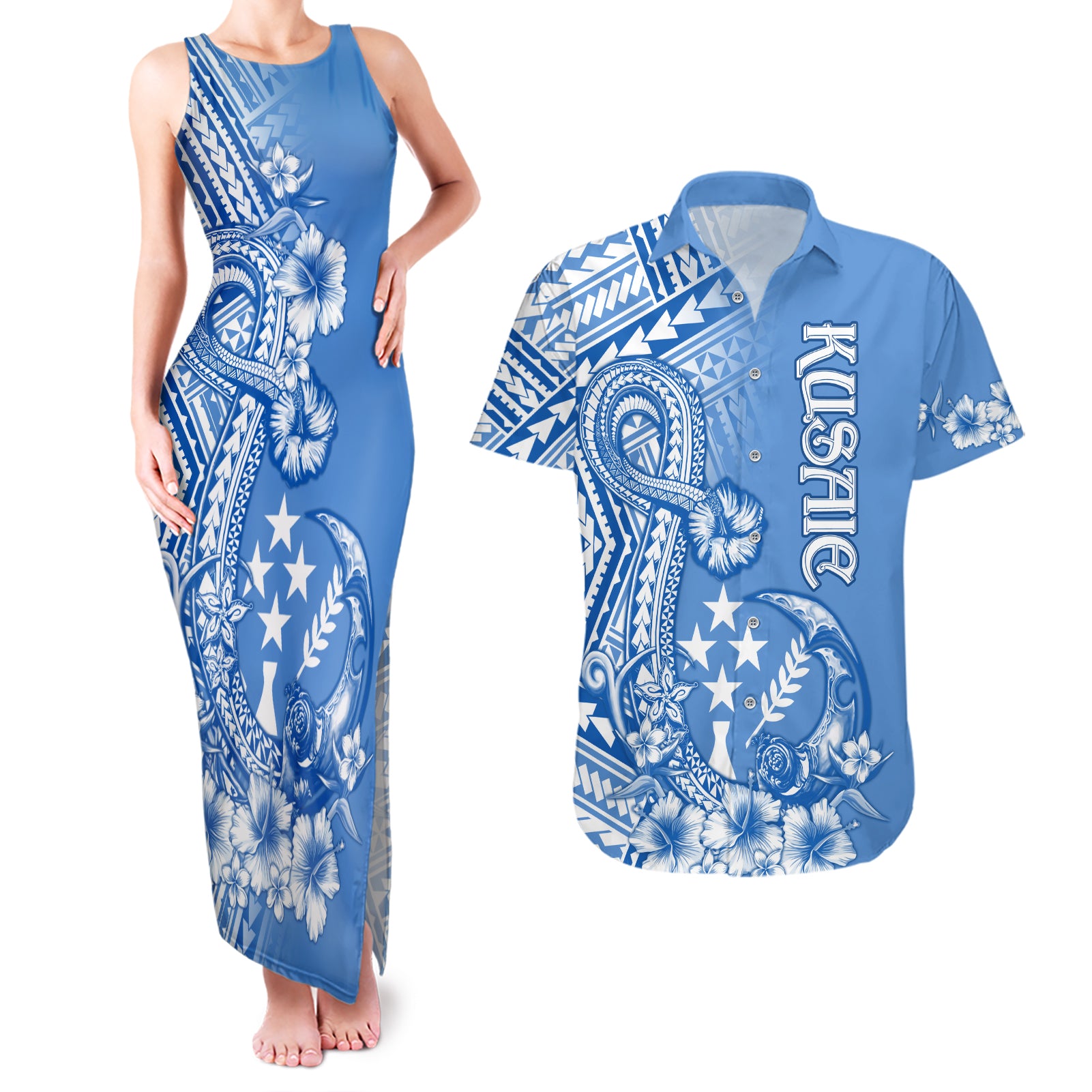 Kosrae Constitution Day Personalised Couples Matching Tank Maxi Dress and Hawaiian Shirt Kusaie Hook Tattoo Special Polynesian Pattern LT9 Blue - Polynesian Pride