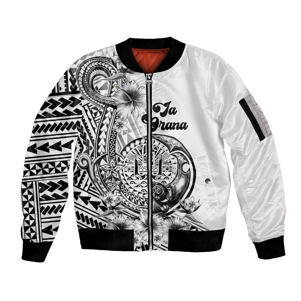 Ia Orana Tahiti Personalised Sleeve Zip Bomber Jacket French Polynesia Hook Tattoo Special White Color LT9 Unisex White - Polynesian Pride