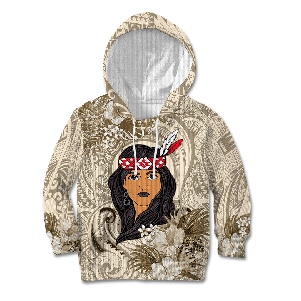 Personalized New Zealand Women's Day Kid Hoodie Maori Girl Feathers of Hope - Beige LT9 Hoodie Beige - Polynesian Pride