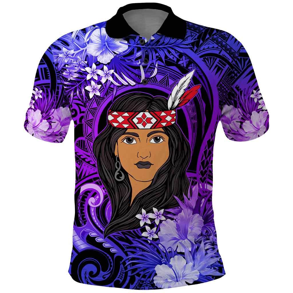 New Zealand Custom Women's Day Polo Shirt Maori Girl Feathers of Hope - Purple LT9 Purple - Polynesian Pride