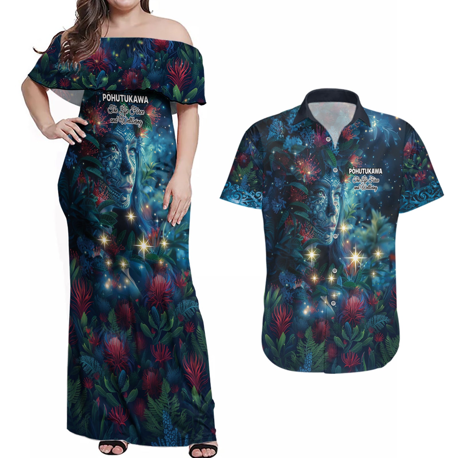 New Zealand Matariki Pohutukawa Couples Matching Off Shoulder Maxi Dress and Hawaiian Shirt Te Mauri te Ora