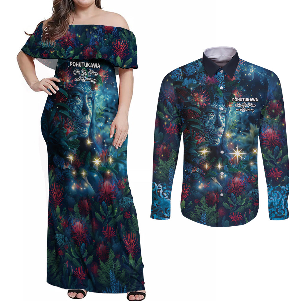 New Zealand Matariki Pohutukawa Couples Matching Off Shoulder Maxi Dress and Long Sleeve Button Shirt Te Mauri te Ora