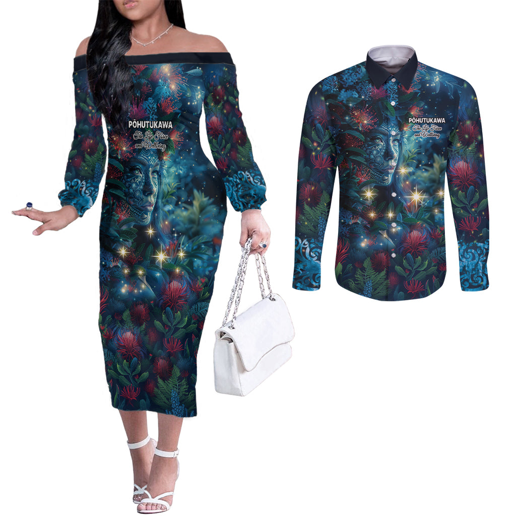 New Zealand Matariki Pohutukawa Couples Matching Off The Shoulder Long Sleeve Dress and Long Sleeve Button Shirt Te Mauri te Ora