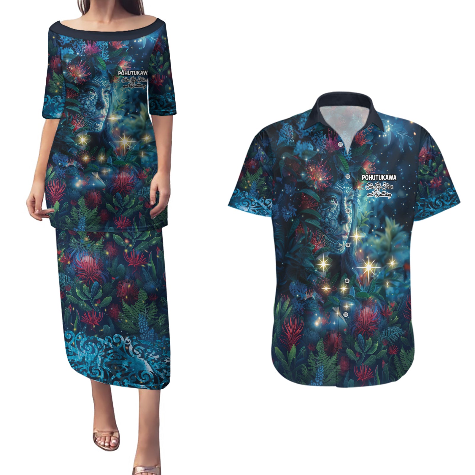 New Zealand Matariki Pohutukawa Couples Matching Puletasi and Hawaiian Shirt Te Mauri te Ora