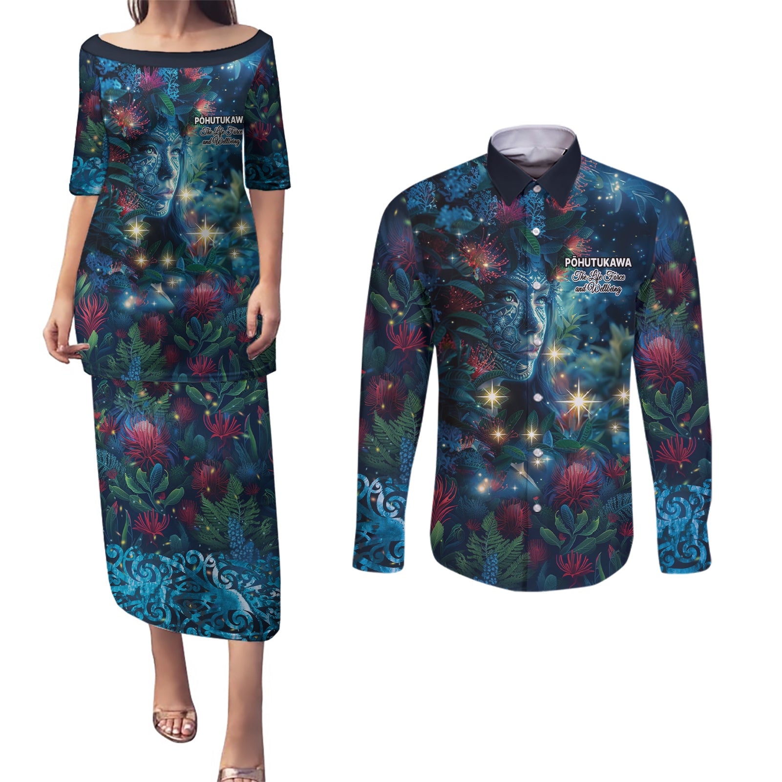 New Zealand Matariki Pohutukawa Couples Matching Puletasi and Long Sleeve Button Shirt Te Mauri te Ora