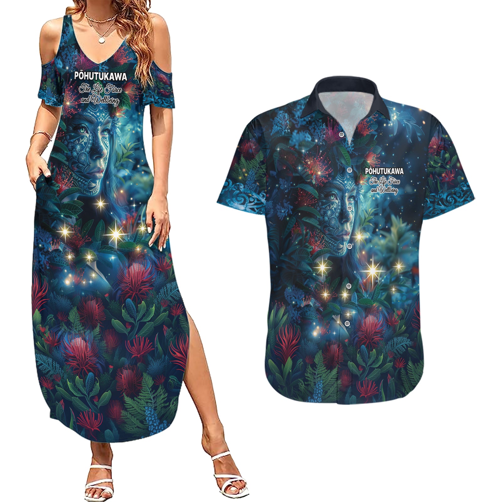 New Zealand Matariki Pohutukawa Couples Matching Summer Maxi Dress and Hawaiian Shirt Te Mauri te Ora