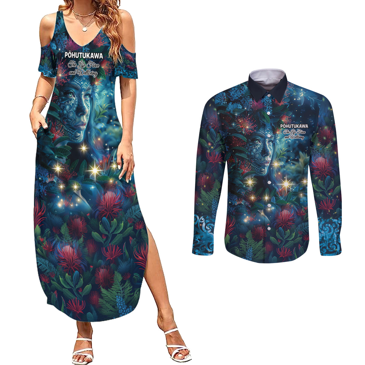 New Zealand Matariki Pohutukawa Couples Matching Summer Maxi Dress and Long Sleeve Button Shirt Te Mauri te Ora