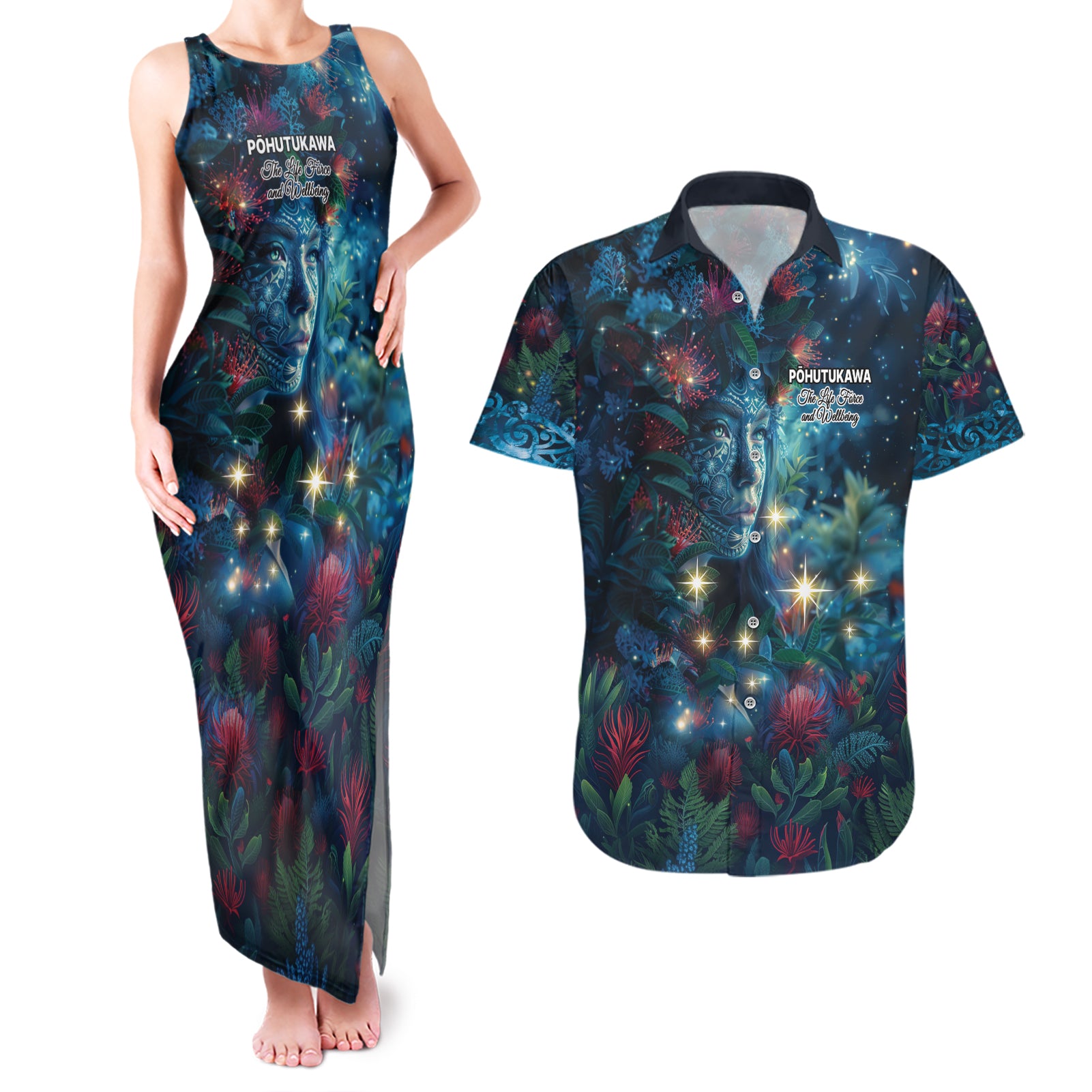 New Zealand Matariki Pohutukawa Couples Matching Tank Maxi Dress and Hawaiian Shirt Te Mauri te Ora