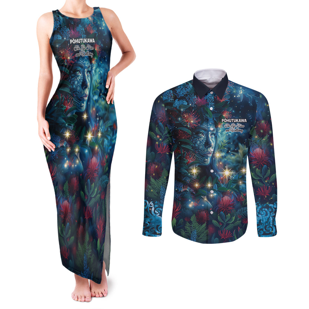 New Zealand Matariki Pohutukawa Couples Matching Tank Maxi Dress and Long Sleeve Button Shirt Te Mauri te Ora