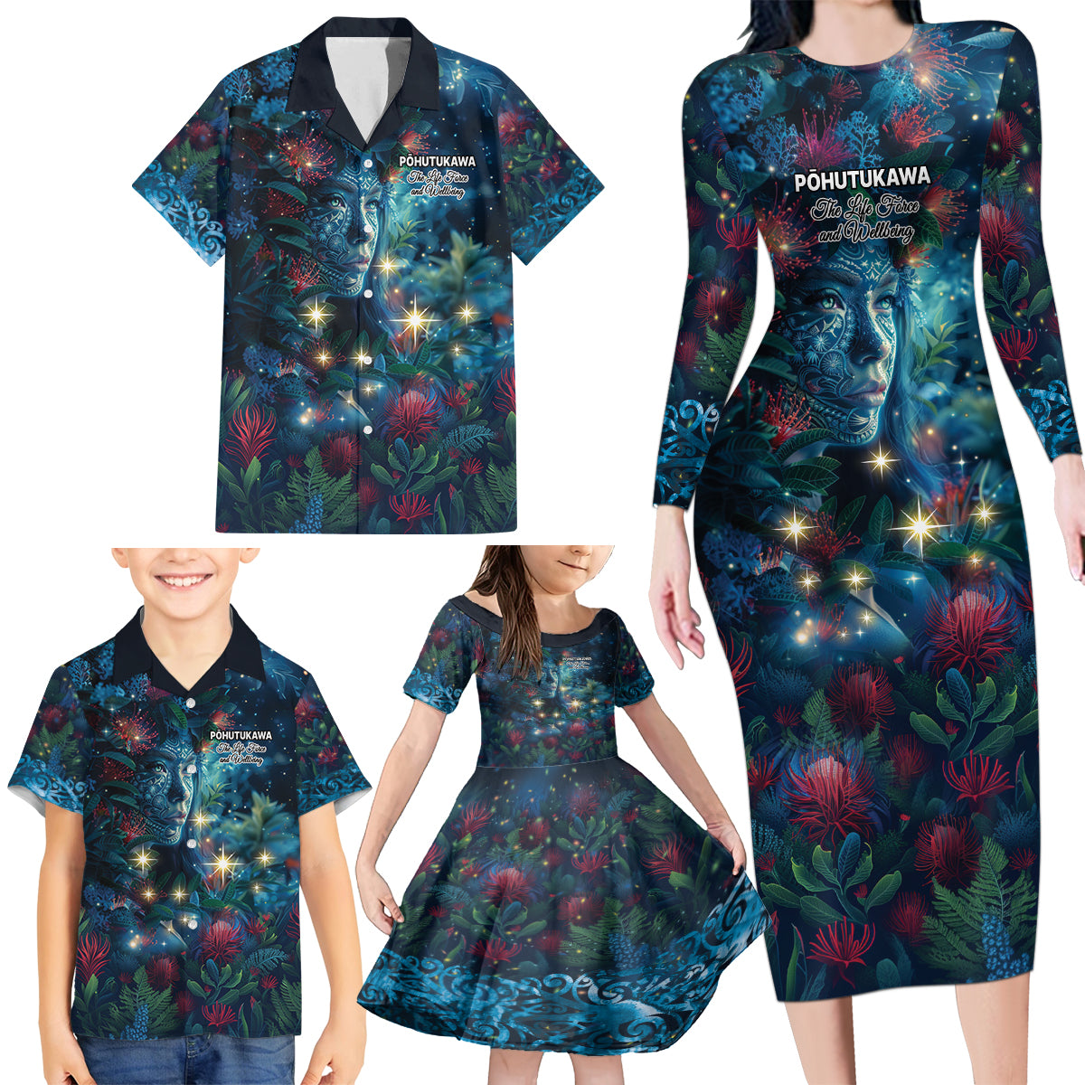 New Zealand Matariki Pohutukawa Family Matching Long Sleeve Bodycon Dress and Hawaiian Shirt Te Mauri te Ora